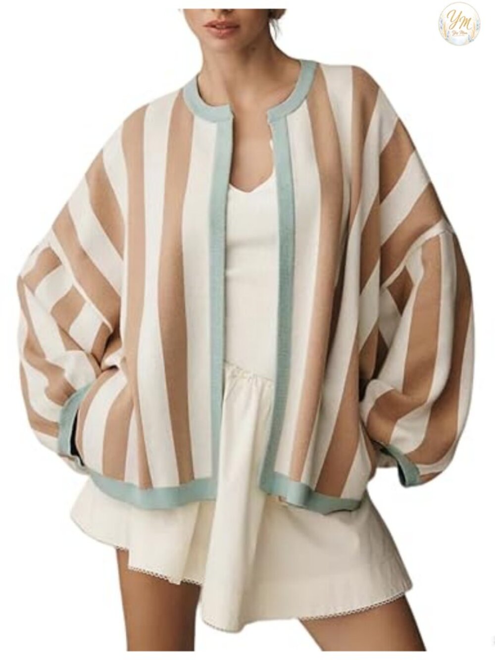 Womens Loose Fit Striped Cardigan Long Balloon Sleeves Open Front Knit Sweater